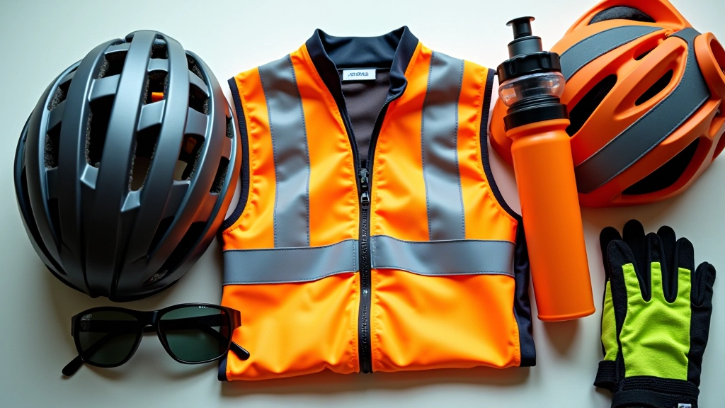 Různé vybavení pro cyklovýlet: helmu, cyklistické rukavice, brýle a reflexní vestu na béžovém pozadí