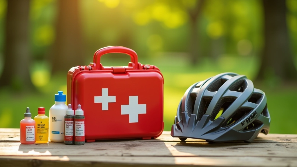 Lékařský kufřík s prvou pomocí umístěný vedle cyklisty na odpočívce