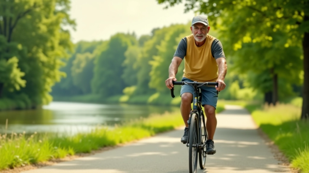 Cyklista starší věku jede podél řeky Labe v letním slunci, břeh s zelení