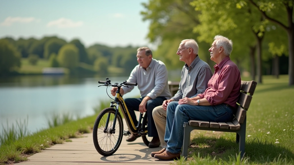 Skupina seniorů na cyklovýletě podél řeky